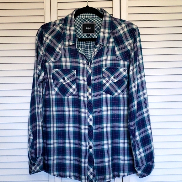 Rails Lined Plaid Button Front Shirt, Blue Green, Size M - Picture 2 of 15